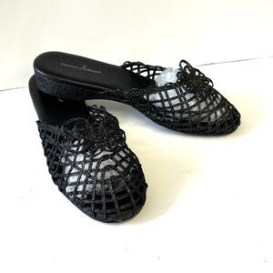 DANIEL GREEN Diana Lattice Slippers Black Shimmer Mules Low Wedge